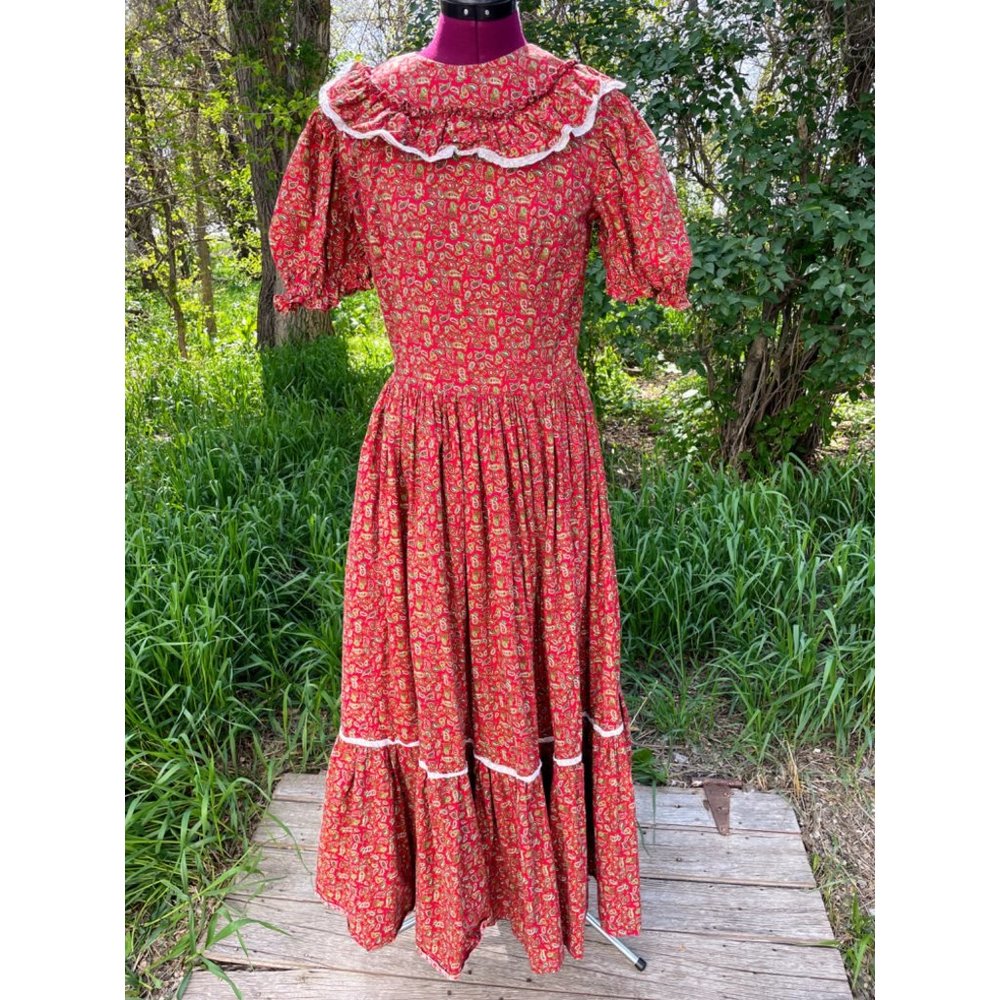 Vintage 1970s Peasant Maxi Dress Burgundy Cotton Paisley Flare - Picture 15 of 16